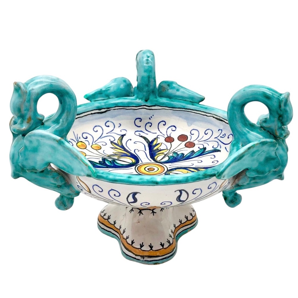 Italian Majolica Grotesque Pedestal Bowl Dragons Mastro Giorgio Vintage Italy